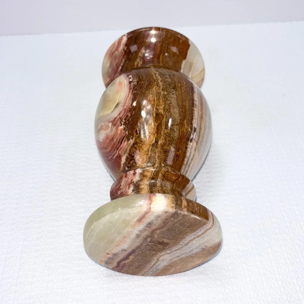 Vintage Onyx Marble Bud Vase Brown Cream Banded Polished Stone Urn 6 Inch